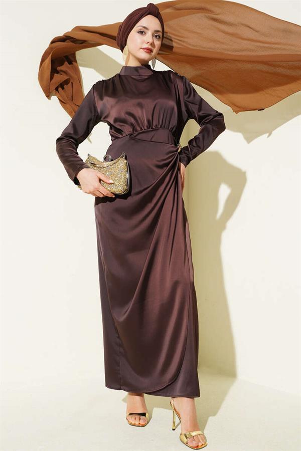 Side Gathered Satin Evening Dress with Gold Buckle, Dark Brown