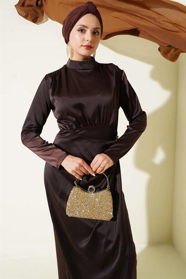 Side Gathered Satin Evening Dress with Gold Buckle, Dark Brown