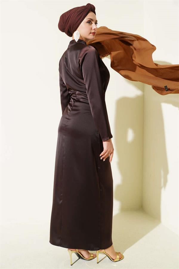 Side Gathered Satin Evening Dress with Gold Buckle, Dark Brown