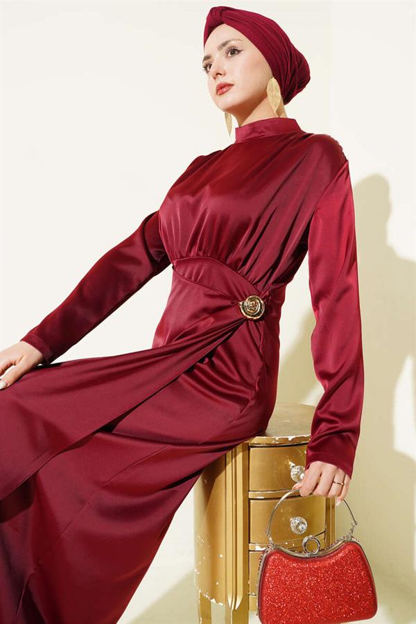 Side Gathered Satin Evening Dress with Gold Buckle, Burgundy
