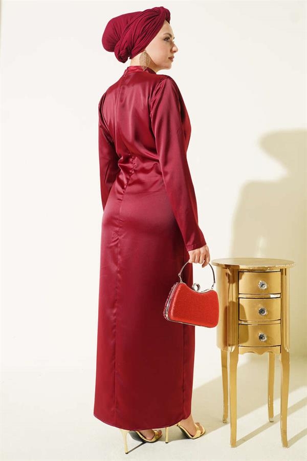 Side Gathered Satin Evening Dress with Gold Buckle, Burgundy