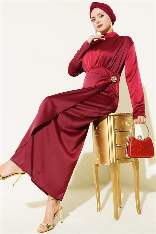 Side Gathered Satin Evening Dress with Gold Buckle, Burgundy