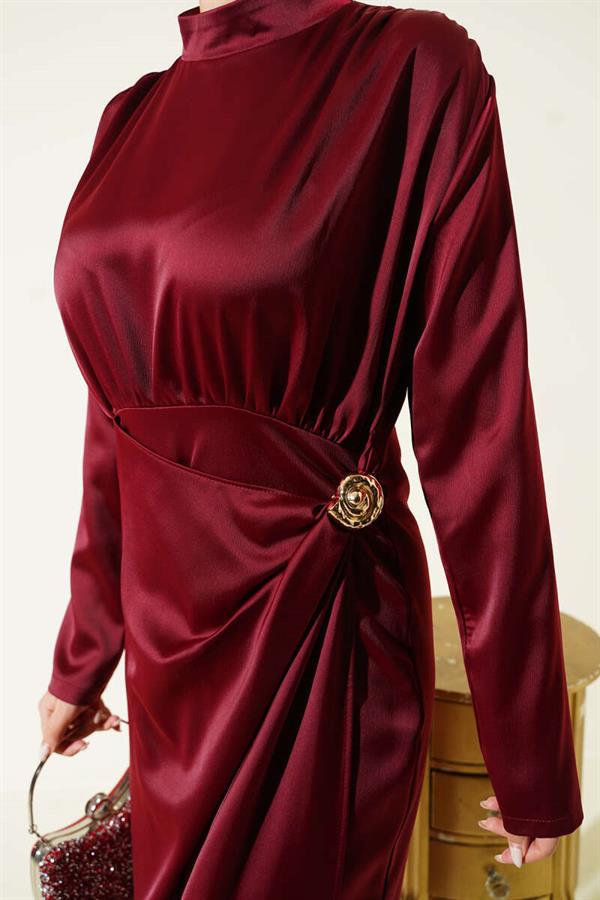 Side Gathered Satin Evening Dress with Gold Buckle, Burgundy