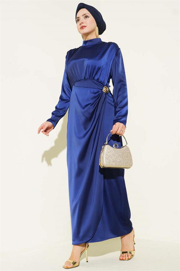 Navy Blue Satin Evening Dress with Side Gathering and Gold Buckle