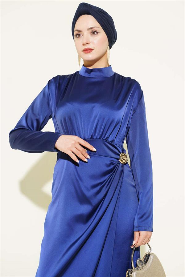 Navy Blue Satin Evening Dress with Side Gathering and Gold Buckle