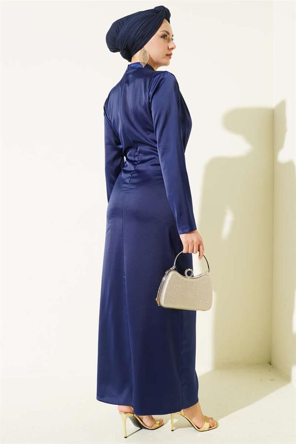 Navy Blue Satin Evening Dress with Side Gathering and Gold Buckle