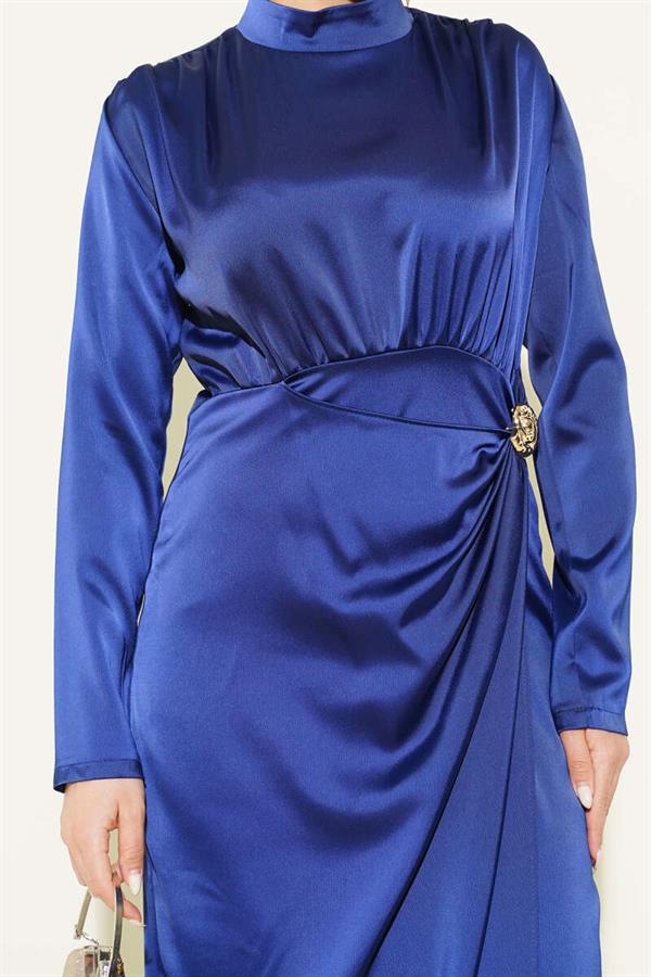 Navy Blue Satin Evening Dress with Side Gathering and Gold Buckle