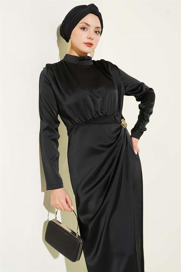 Side Gathered Satin Evening Dress with Gold Buckle, Black