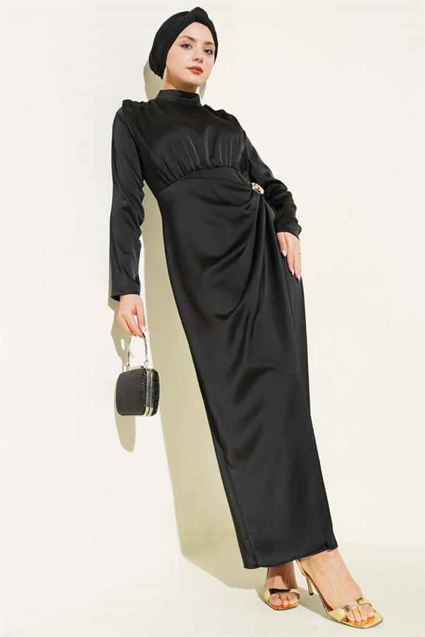 Side Gathered Satin Evening Dress with Gold Buckle, Black