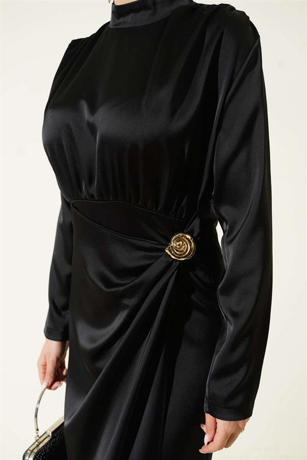 Side Gathered Satin Evening Dress with Gold Buckle, Black