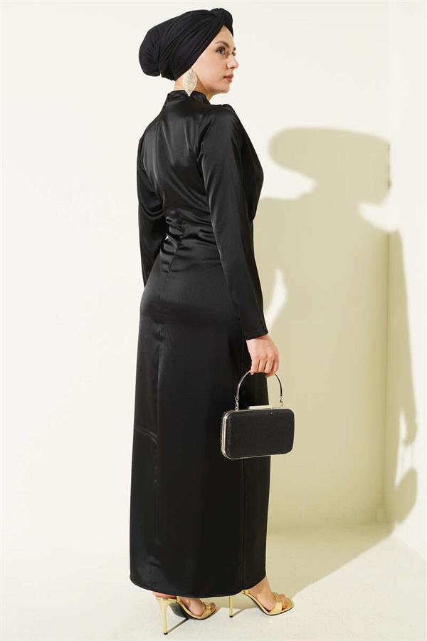 Side Gathered Satin Evening Dress with Gold Buckle, Black