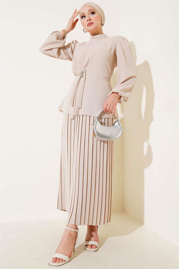 Side-Shirred Pleated Skirted 2 Piece Set Beige