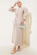 Side-Shirred Pleated Skirted 2 Piece Set Beige