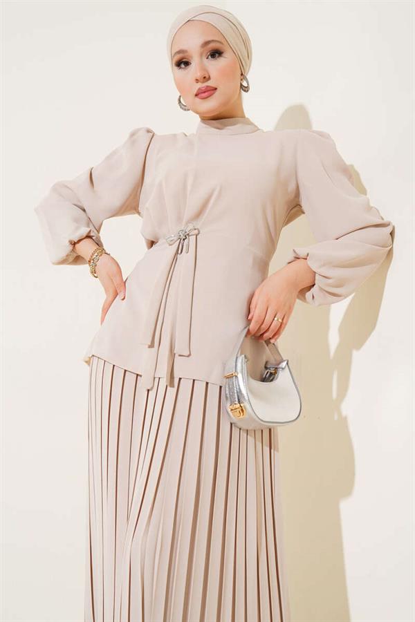 Side-Shirred Pleated Skirted 2 Piece Set Beige