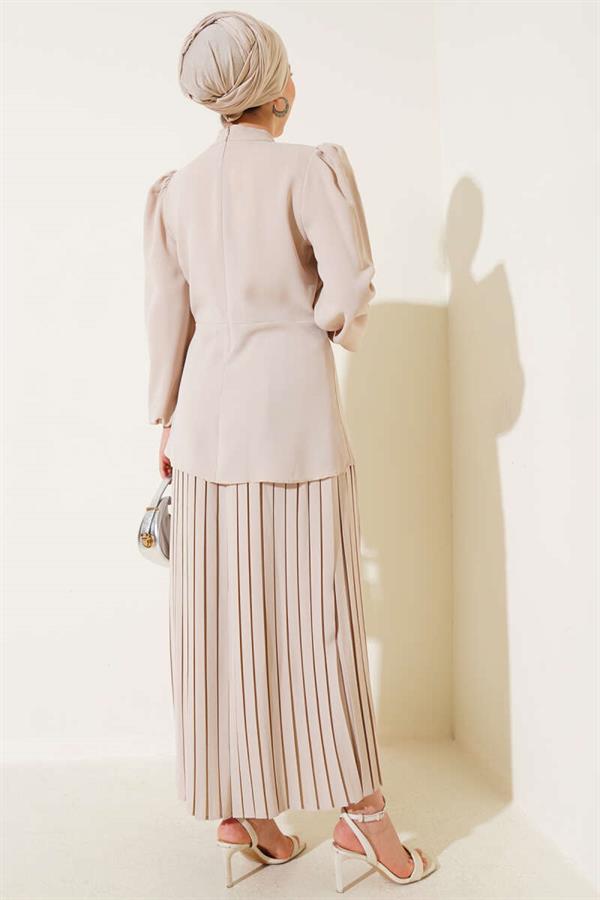 Side-Shirred Pleated Skirted 2 Piece Set Beige