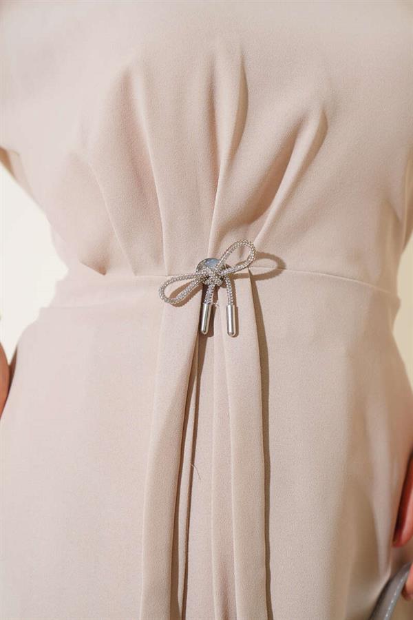 Side-Shirred Pleated Skirted 2 Piece Set Beige