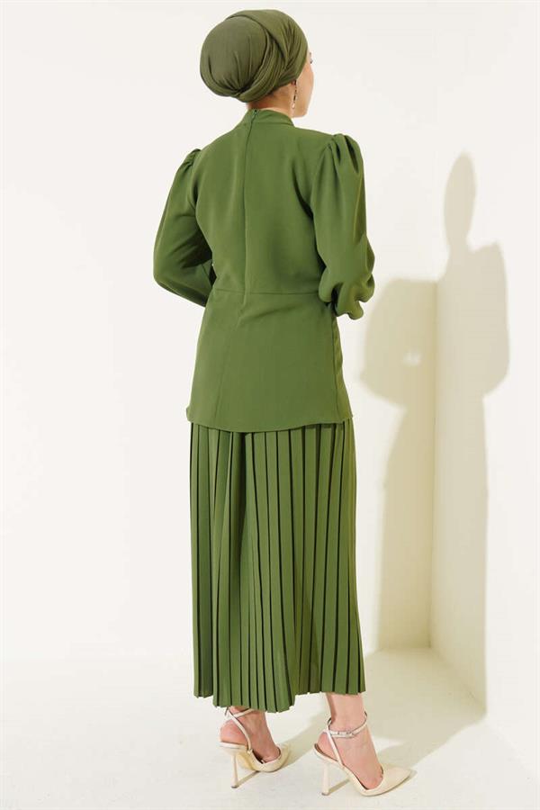 Side-Shirred Pleated Skirted 2 Piece Set Khaki