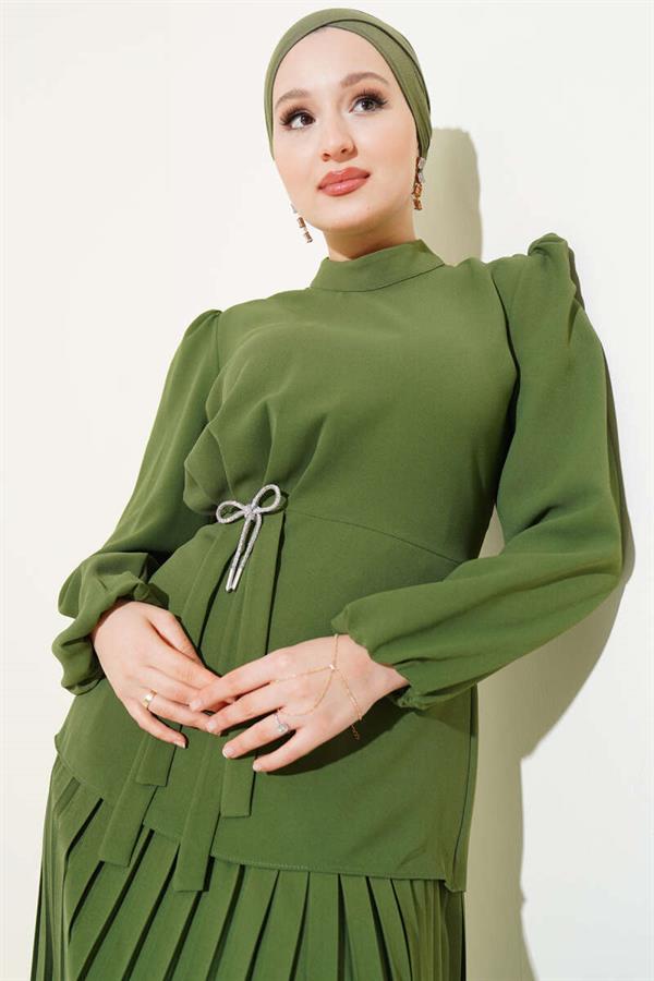 Side-Shirred Pleated Skirted 2 Piece Set Khaki