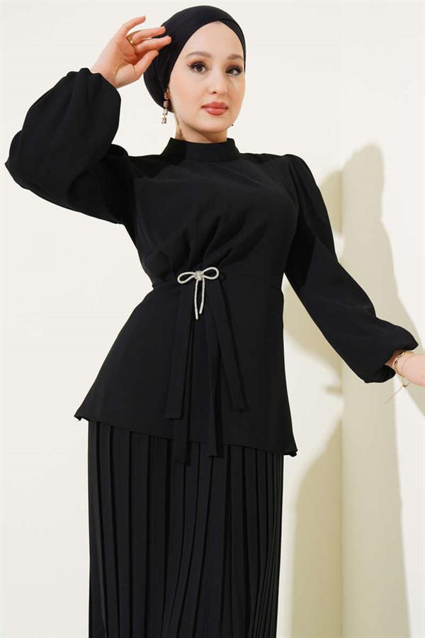 Side-Shirred Pleated Skirted 2 Piece Set Black