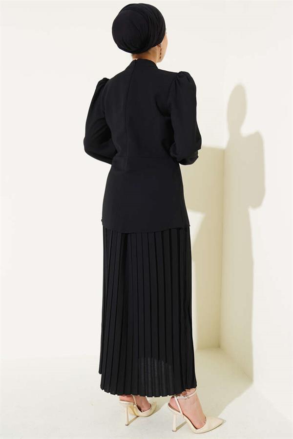 Side-Shirred Pleated Skirted 2 Piece Set Black