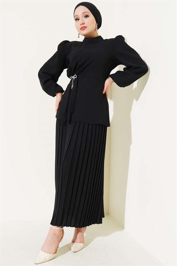 Side-Shirred Pleated Skirted 2 Piece Set Black