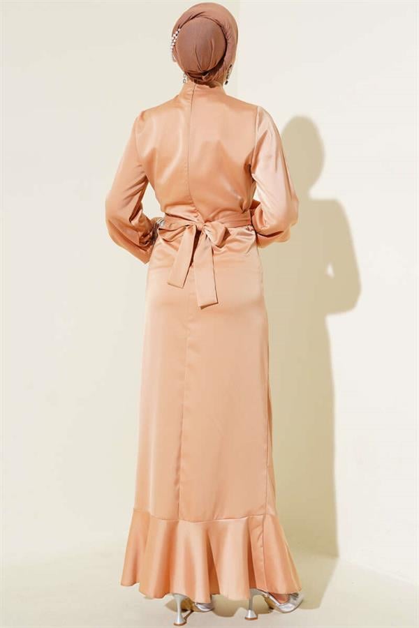 Side Pleated Satin Fishtail Dress Latte