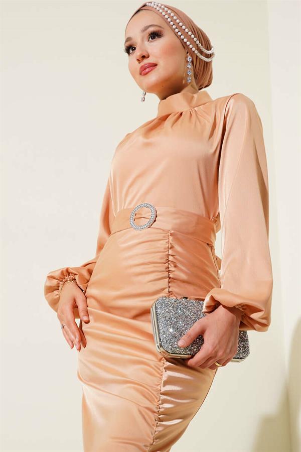 Side Pleated Satin Fishtail Dress Latte