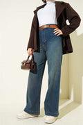 Side Seamless Wide Leg Belted Jeans Dark Blue