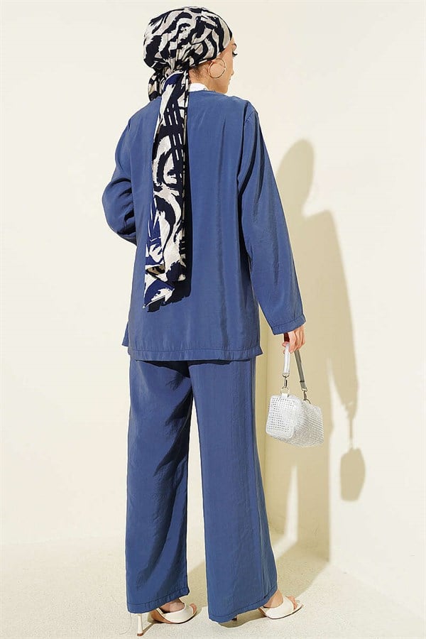 Side Buttoned Lace-Up Modal 2 Piece Set Indigo