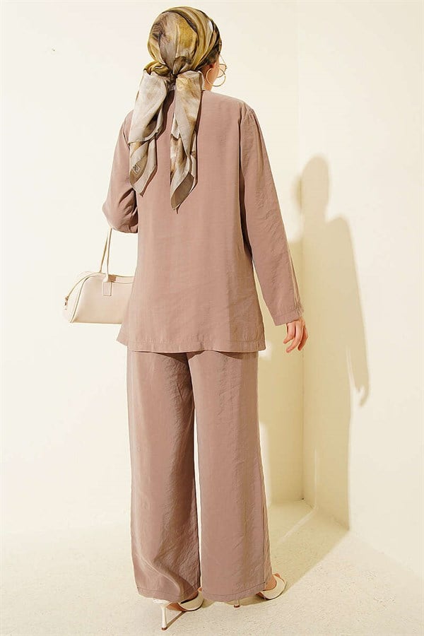Side Buttoned Lace-Up Modal 2 Piece Set in Mink