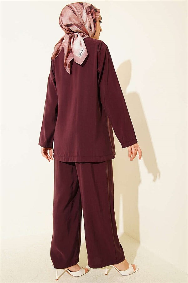 Side Buttoned Lace-Up Modal 2 Piece Set in Burgundy