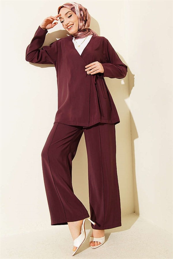 Side Buttoned Lace-Up Modal 2 Piece Set in Burgundy