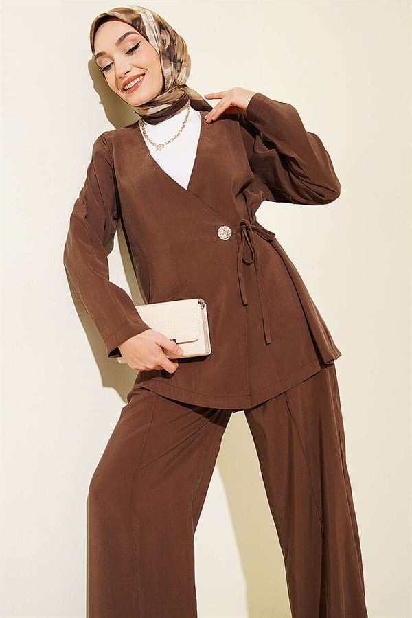 Side Buttoned Lace-Up Modal 2 Piece Set in Coffee