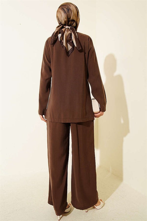 Side Buttoned Lace-Up Modal 2 Piece Set in Coffee