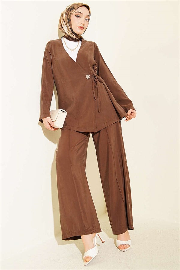 Side Buttoned Lace-Up Modal 2 Piece Set in Coffee