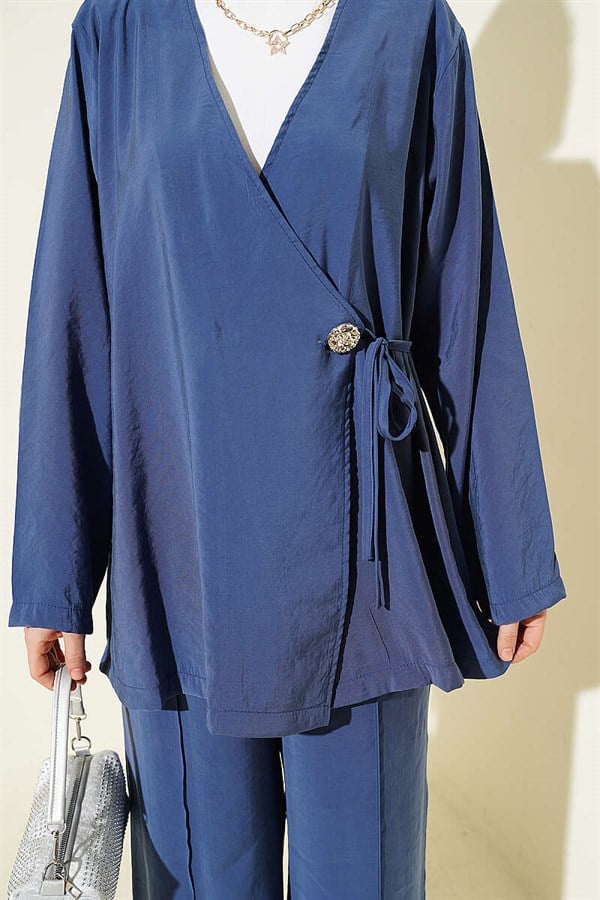 Side Buttoned Lace-Up Modal 2 Piece Set Indigo