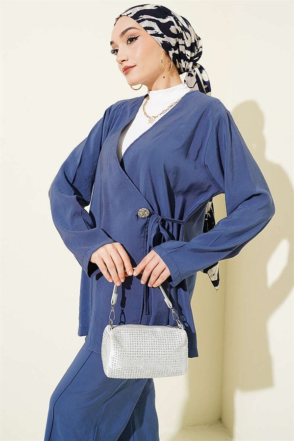 Side Buttoned Lace-Up Modal 2 Piece Set Indigo