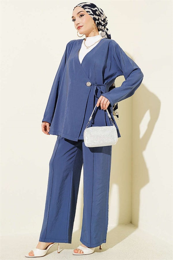 Side Buttoned Lace-Up Modal 2 Piece Set Indigo