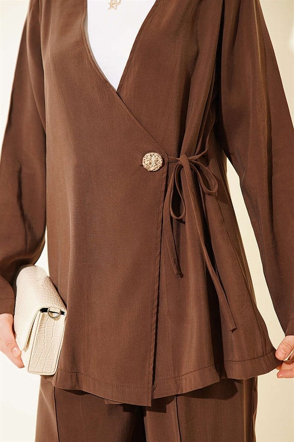 Side Buttoned Lace-Up Modal 2 Piece Set in Coffee