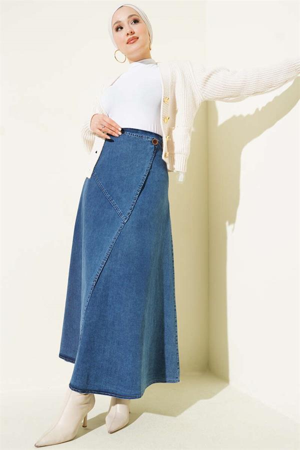 Side Buttoned Flared Denim Skirt, Blue