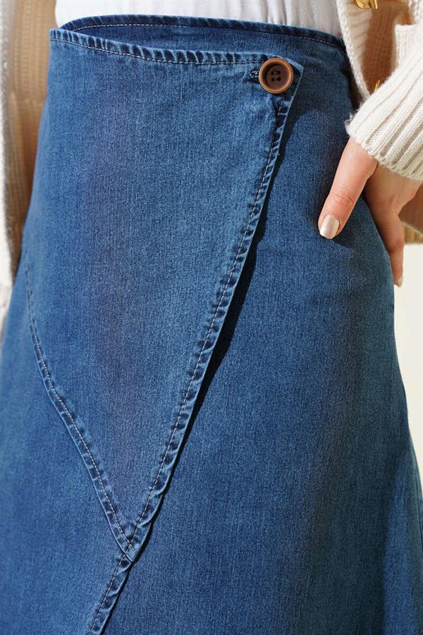 Side Buttoned Flared Denim Skirt, Blue