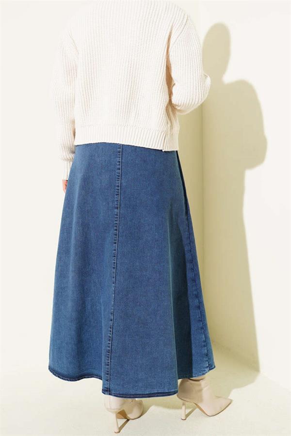 Side Buttoned Flared Denim Skirt, Blue
