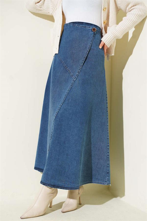 Side Buttoned Flared Denim Skirt, Blue