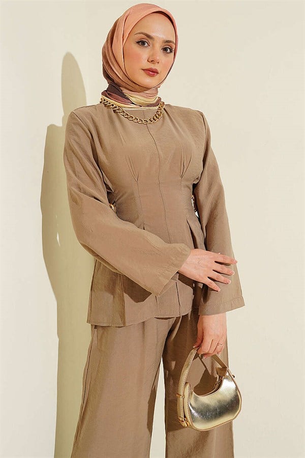 Beige Pleated 2 Piece Set with Gold Buckle