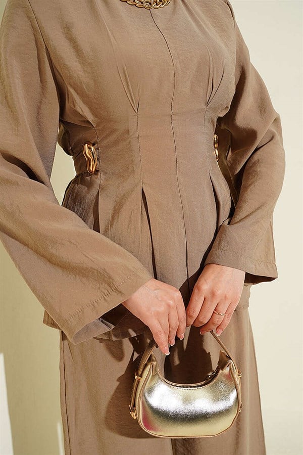 Beige Pleated 2 Piece Set with Gold Buckle