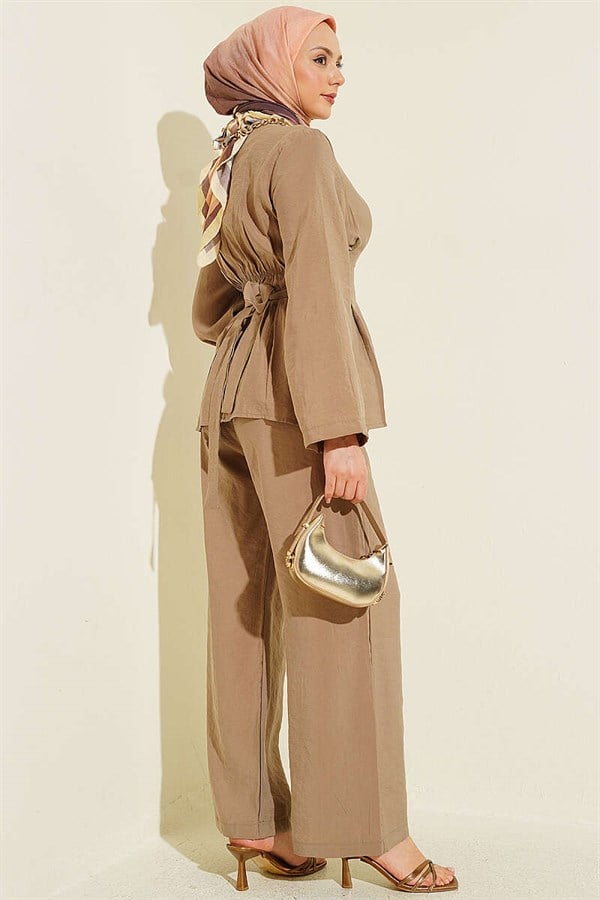 Beige Pleated 2 Piece Set with Gold Buckle