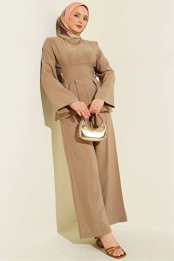 Beige Pleated 2 Piece Set with Gold Buckle