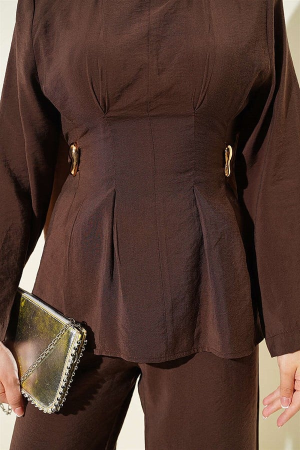 Side Gold Buckle Pleated 2 Piece Set in Coffee
