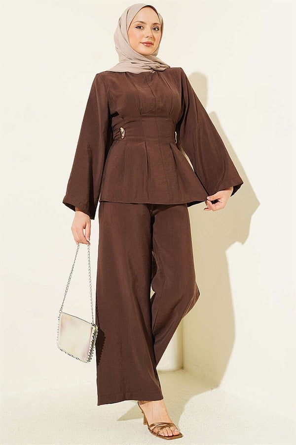 Side Gold Buckle Pleated 2 Piece Set in Coffee