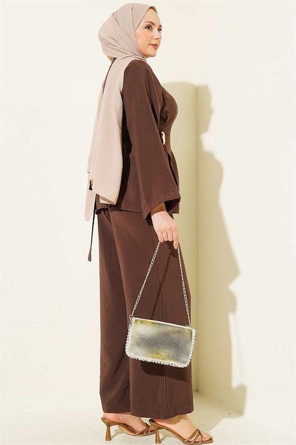 Side Gold Buckle Pleated 2 Piece Set in Coffee